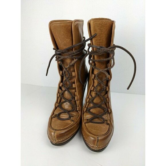 Buttero Tan Leather Lace Up Heeled Boots Size 36 - Picture 7 of 10
